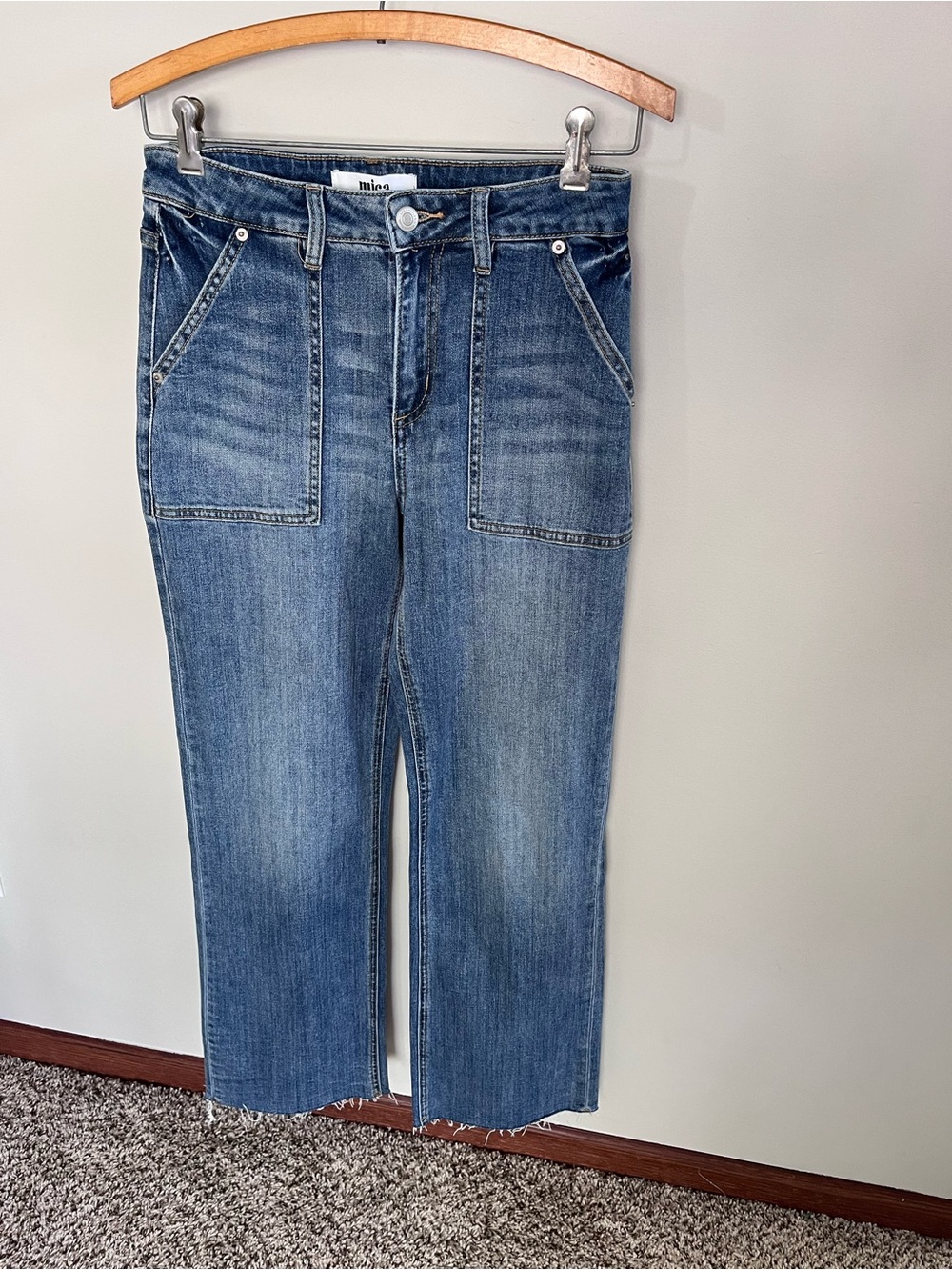 Mica Los Angeles High Rise Straight Leg Patch Pocket Raw Hem Jeans Med Wash 26